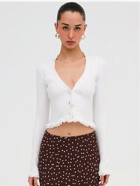 NWT For Love & Lemons Ribbed V-Neck Cardigan with Lace Detailing, XS